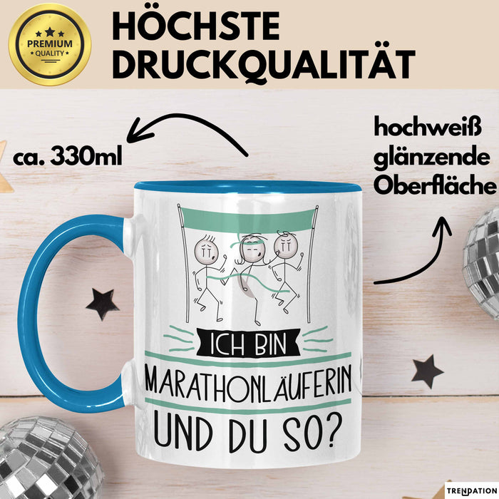 Marathonläuferin Tasse Geschenk Ich Bin Marathonläuferin Und Du So Geschenkidee Lustiger Spruch Becher Blau Trendation