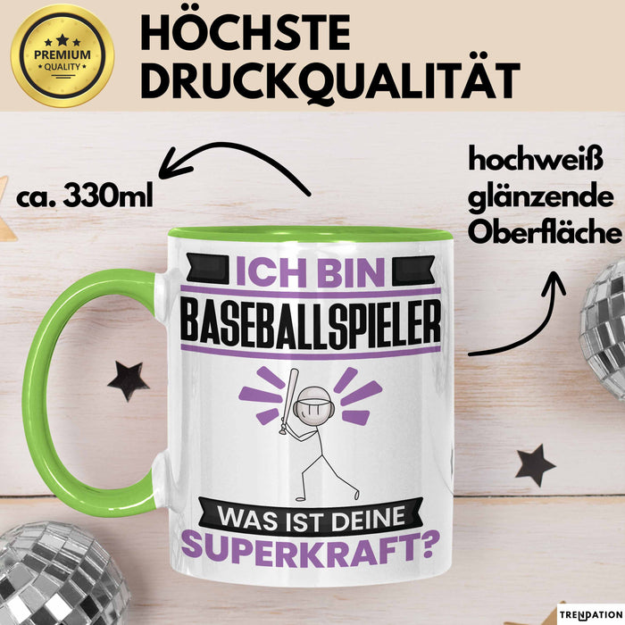 Baseballspieler Tasse Geschenk für Baseballspieler Geburtstag Lustiger Spruch Kaffee-Becher Was Ist Deine Superkraft Grün Trendation