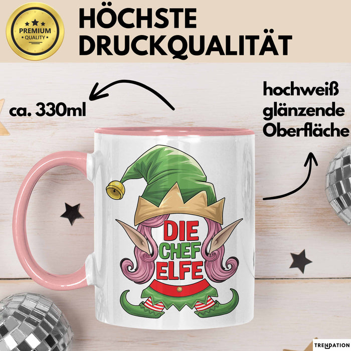 Chefin Tasse Geschenk Die Chef Elfe Geschenkidee Zu Weihnachten Für Chefin Kaffee-Becher Rosa Trendation