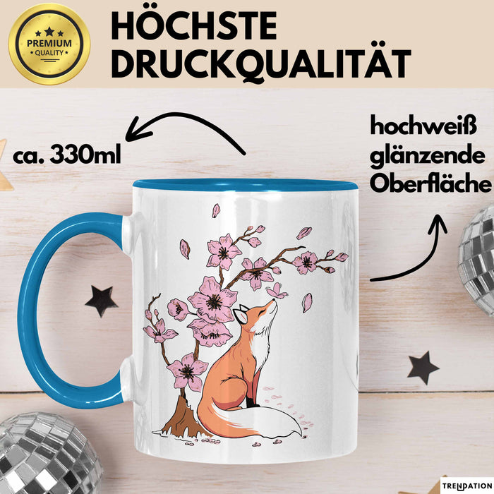 Fuchs Tasse Geschenk Fox Japanese Kirschblüte Blume Vintage Fuchs Kaffee-Becher Blau Trendation