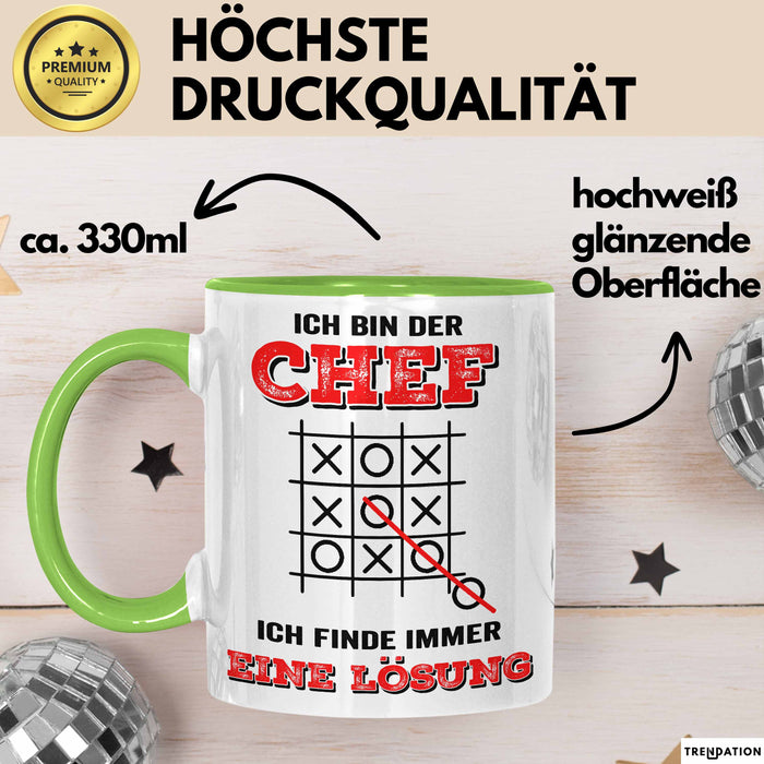 Büroarbeit Kollege Chef Tasse Geschenk Lustige Geschenkidee Spruch Ich Bin Der Chef Ich Finde Immer Eine Lösung Grün Trendation