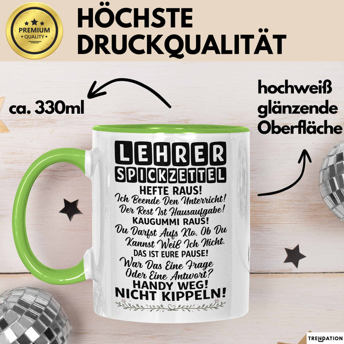 Unterricht Lehrer Wertschätzung Tasse Geschenk Lustige Geschenkidee Spruch Lehrer Spickzettel Grün Trendation