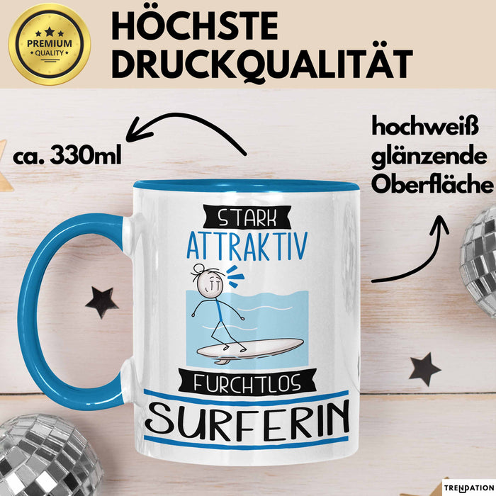 Surferin Tasse Geschenk Becher Stark Attraktiv Furchtlos Surferin Lustige Geschenkidee Blau Trendation