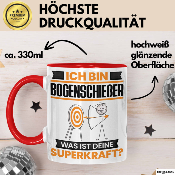 Bogenschießer Tasse Geschenk für Bogenschießer Geburtstag Lustiger Spruch Kaffee-Becher Was Ist Deine Superkraft Rot Trendation