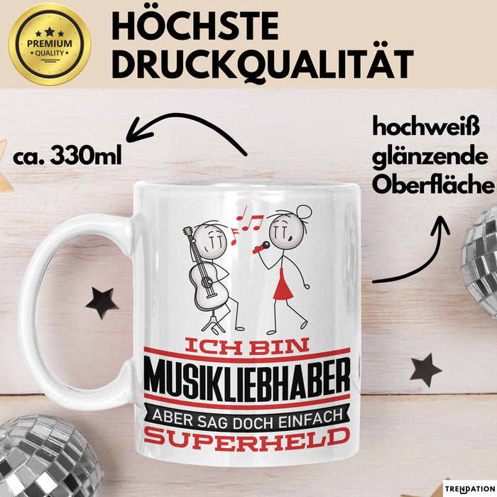 Musikliebhaber Geschenk Tasse Ich Bin Musikliebhaber Aber Sag Doch Einfach Superheld Lustige Geschenkdiee für Musikliebhaber Kaffee-Becher Weiß Trendation