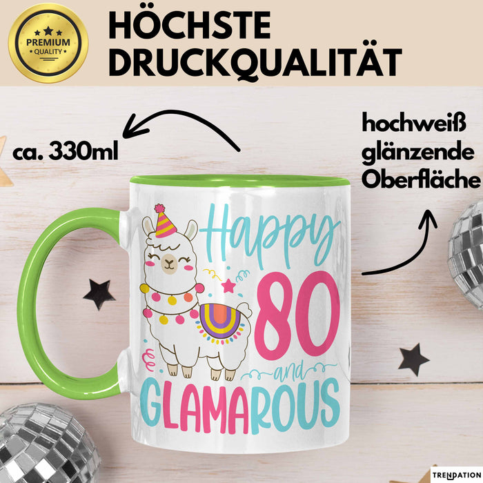 80er Geburtstag Tasse Geschenk Happy 80 And Glamarous Llama Alpaka Liebhaber Geschenkidee zum Geburtstag Grün Trendation