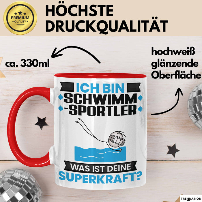 Schwimmsportler Tasse Geschenk für Schwimmsportler Geburtstag Lustiger Spruch Kaffee-Becher Was Ist Deine Superkraft Rot Trendation