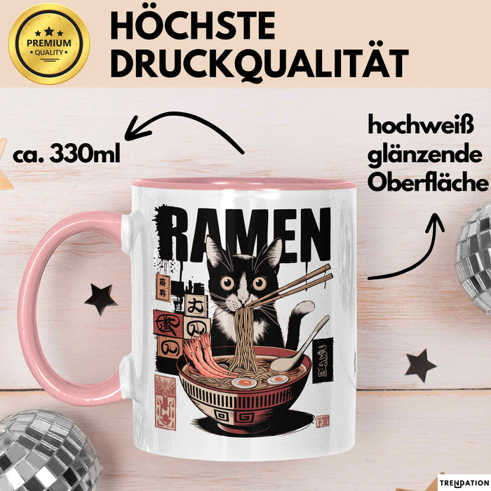 Katzen Tierliebhaber Tasse Geschenk Lustige Geschenkidee Spruch Katze Isst Ramen Nudeln Rosa Trendation