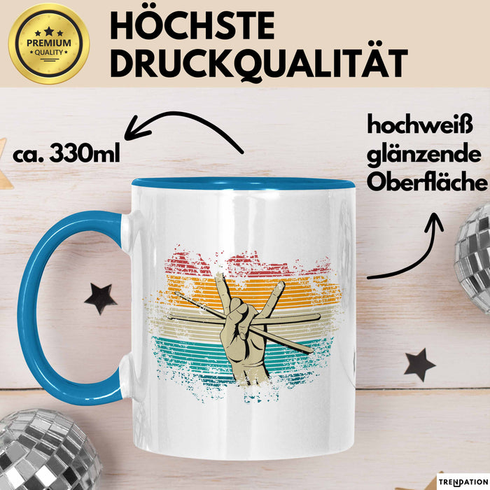 Schlagzeug-Spieler Geschenk Drummer Tasse Geschenkidee Spruch Bunte Farben Retro Schlagzeuger Blau Trendation
