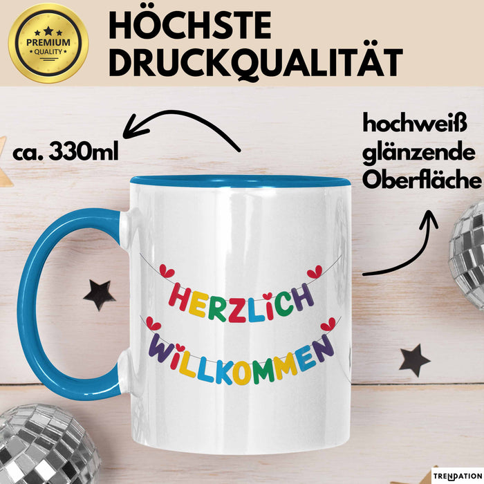 Willkommensparty Dekoration Tasse Geschenk Lustige Geschenkidee Spruch Herzlich Willkommen Blau Trendation