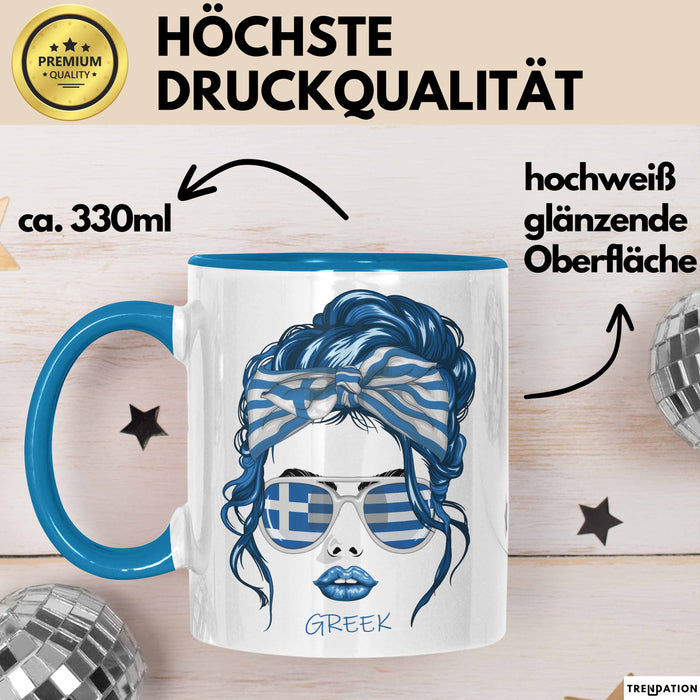 Grieche Tasse Geschenk Greek Woman Frau Becher Kaffee-Becher Blau Trendation