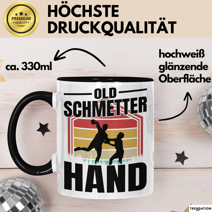 Handball Geschenk Tasse Geschenkidee Handball-Spieler Handballspielerin Mädchen Jungs Kaffee-Becher Old Schmetterhand Schwarz Trendation