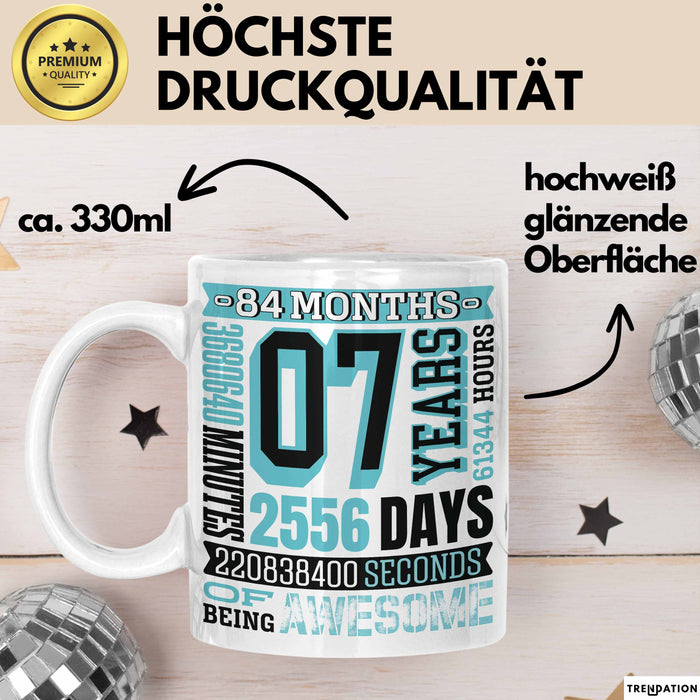 Tasse 07 Jahre Jubiläum Design mit Zeitangaben, Geschenkidee Weiß Trendation