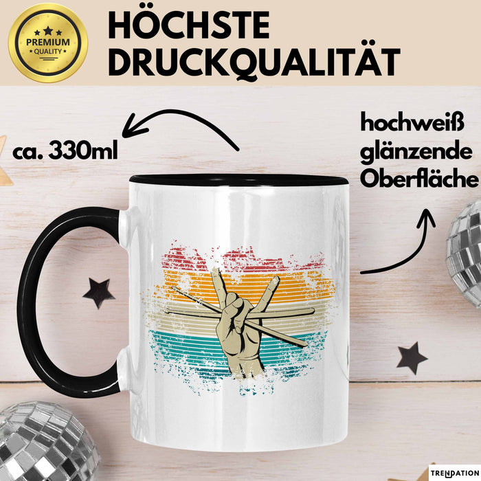 Schlagzeug-Spieler Geschenk Drummer Tasse Geschenkidee Spruch Bunte Farben Retro Schlagzeuger Schwarz Trendation