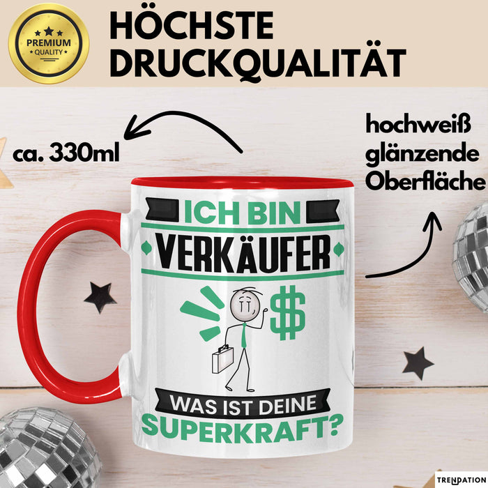 Verkäufer Tasse Geschenk für Verkäufer Geburtstag Lustiger Spruch Kaffee-Becher Was Ist Deine Superkraft Rot Trendation