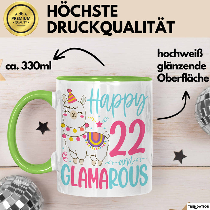 22er Geburtstag Tasse Geschenk Happy 22 And Glamarous Llama Alpaka Liebhaber Geschenkidee zum Geburtstag Grün Trendation