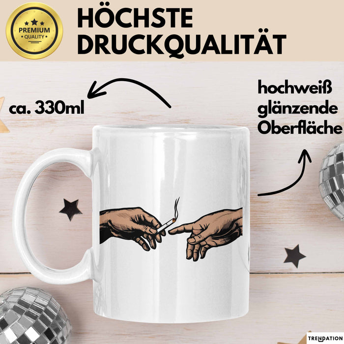 Raucher Tasse Geschenk Erschaffung Von Adam Kunst Geschenkidee 2 Hände Finger Joint Kiffer Weiß Trendation