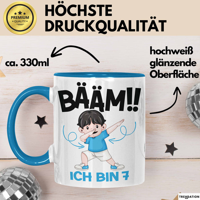 Tasse BÄÄM Ich bin 7 Kindergeburtstagsgeschenk mit DabTanz Blau Trendation