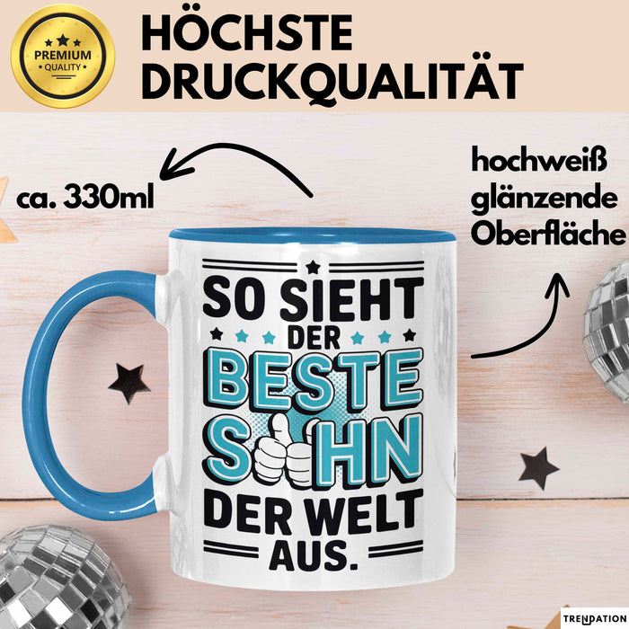 Bester Sohn Kinder Tasse Becher Geschenk Lustige Geschenkidee Spruch So Sieht Der Beste Sohn Der Welt Aus Blau Trendation