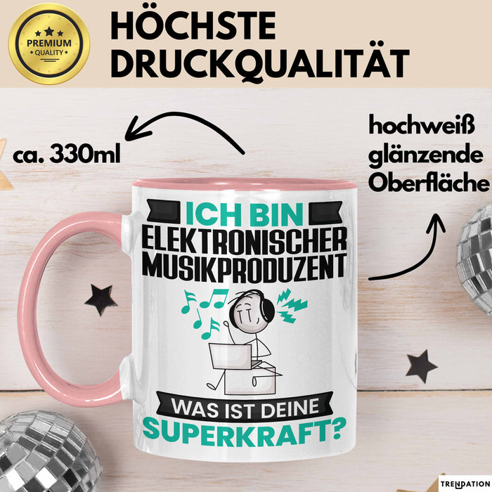 Elektronischer Musikproduzent Tasse Geschenk für Elektronischer Musikproduzent Geburtstag Lustiger Spruch Kaffee-Becher Was Ist Deine Superkraft Rosa Trendation
