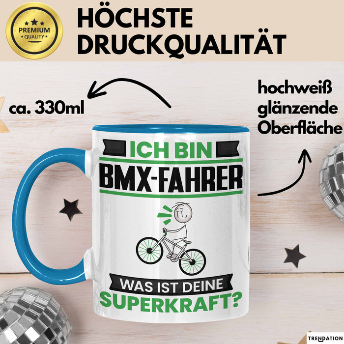 BMX-Fahrer Tasse Geschenk für BMX-Fahrer Geburtstag Lustiger Spruch Kaffee-Becher Was Ist Deine Superkraft Blau Trendation