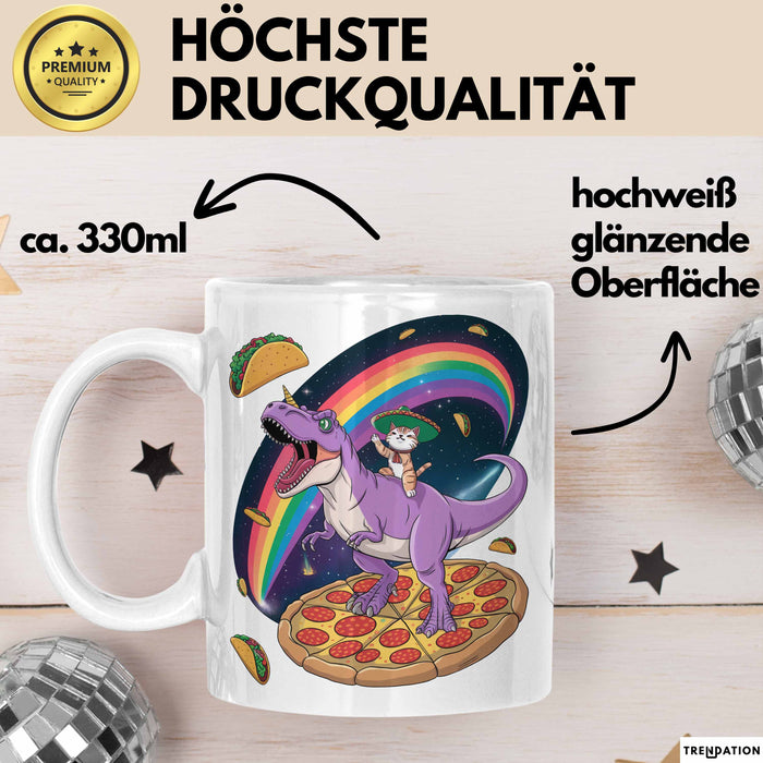 Katzen Tasse Geschenk Katze reitet Dinosaurier & isst Pizza Weiß Trendation