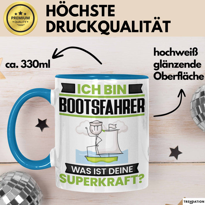 Bootsfahrer Tasse Geschenk für Bootsfahrer Geburtstag Lustiger Spruch Kaffee-Becher Was Ist Deine Superkraft Blau Trendation