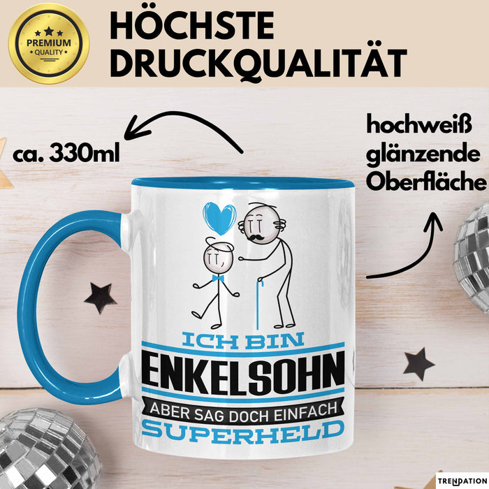 Enkelsohn Geschenk Tasse Ich Bin Enkelsohn Aber Sag Doch Einfach Superheld Lustige Geschenkdiee für Enkelsohn Kaffee-Becher Blau Trendation
