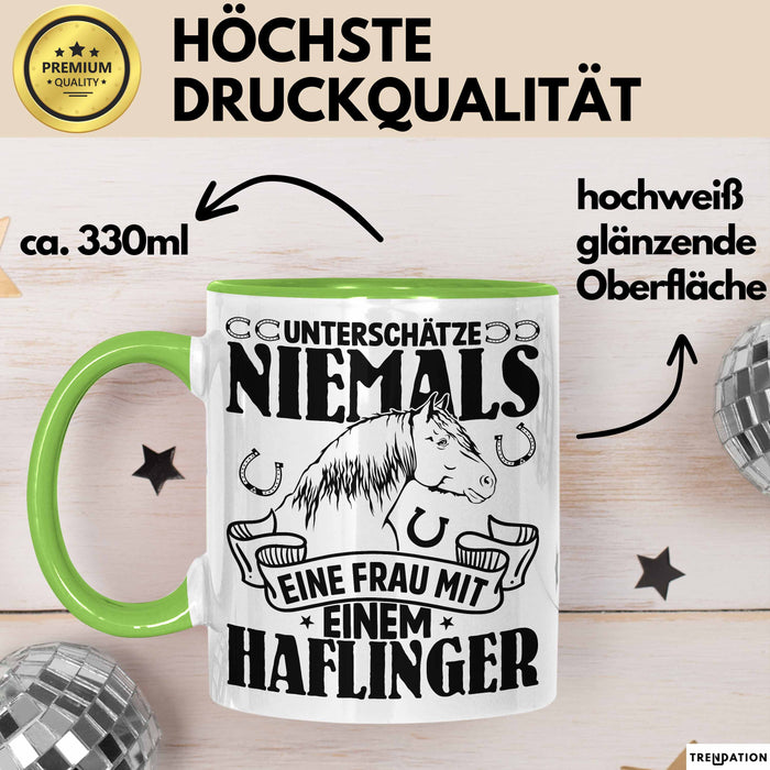 Haflinger Tasse Geschenk Haflinger-Besitzerin Pferde Kaffeetasse Geschenkidee Spruch Reiterin Reiten Pferde Kaffee-Becher Grün Trendation
