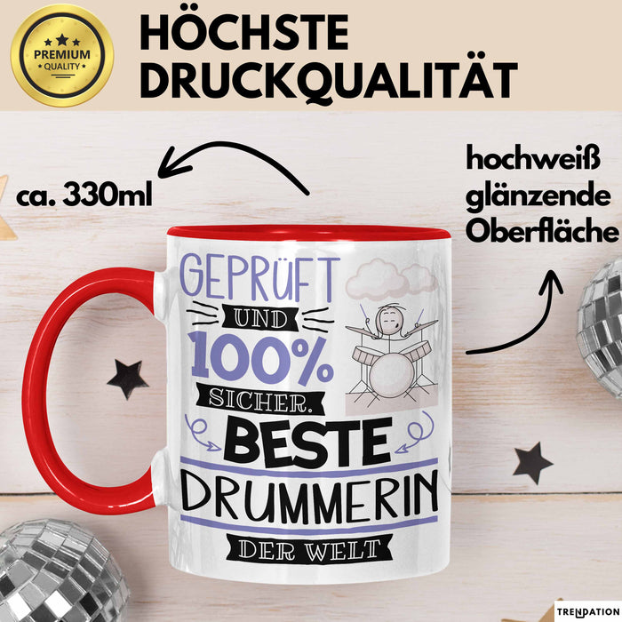Beste Drummerin Der Welt Tasse Geschenk für Eine Drummerin Geprüft Und Sicher Geschenkidee Geburtstag Weihnachten Rot Trendation