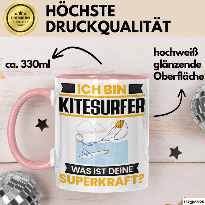 Kitesurfer Tasse Geschenk für Kitesurfer Geburtstag Lustiger Spruch Kaffee-Becher Was Ist Deine Superkraft Rosa Trendation