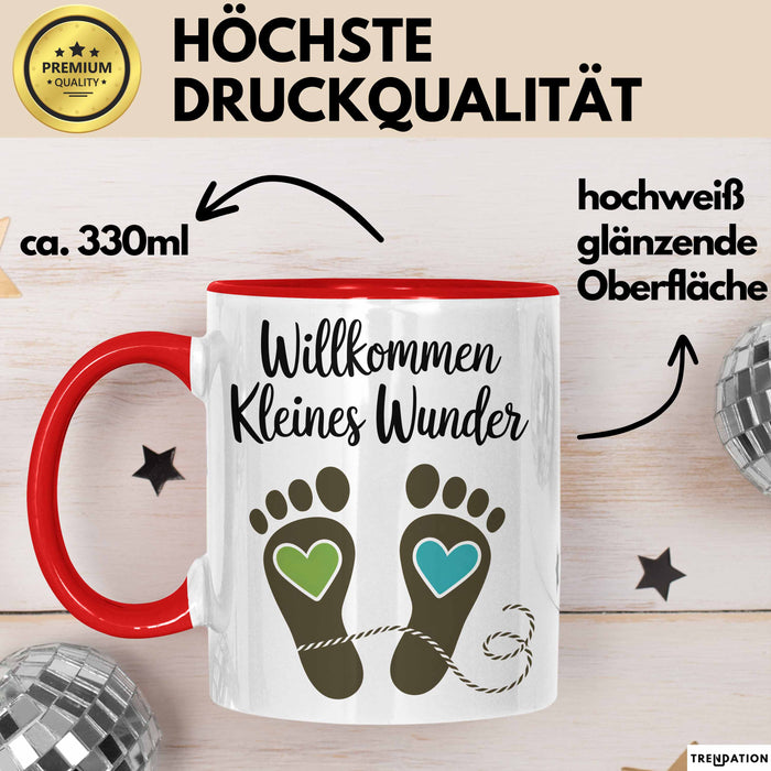 Baby Geburt Neue Eltern Tasse Geschenk Lustige Geschenkidee Spruch Willkommen Kleines Wunder Rot Trendation
