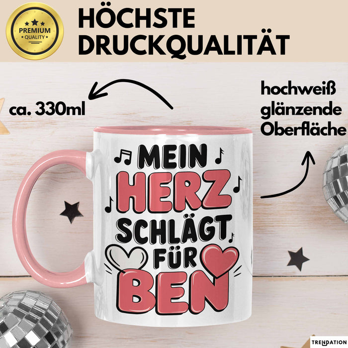 Romantische Liebe Tasse Geschenk Lustige Geschenkidee Spruch Mein Herz Schlägt Für Ben Rosa Trendation
