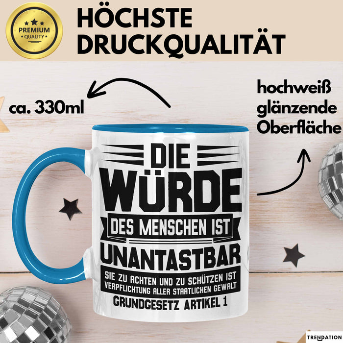 Jura Tasse Geschenk Die Würde Des Menschen Ist Unantastbar Geschenkidee Jurist Juristin Anwalt Becher Blau Trendation