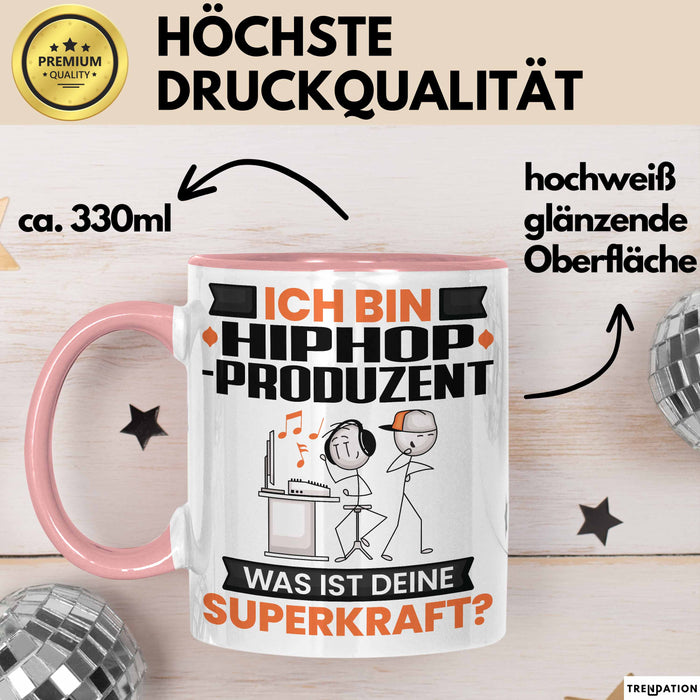 Hiphop-Produzent Tasse Geschenk für Hiphop-Produzent Geburtstag Lustiger Spruch Kaffee-Becher Was Ist Deine Superkraft Rosa Trendation