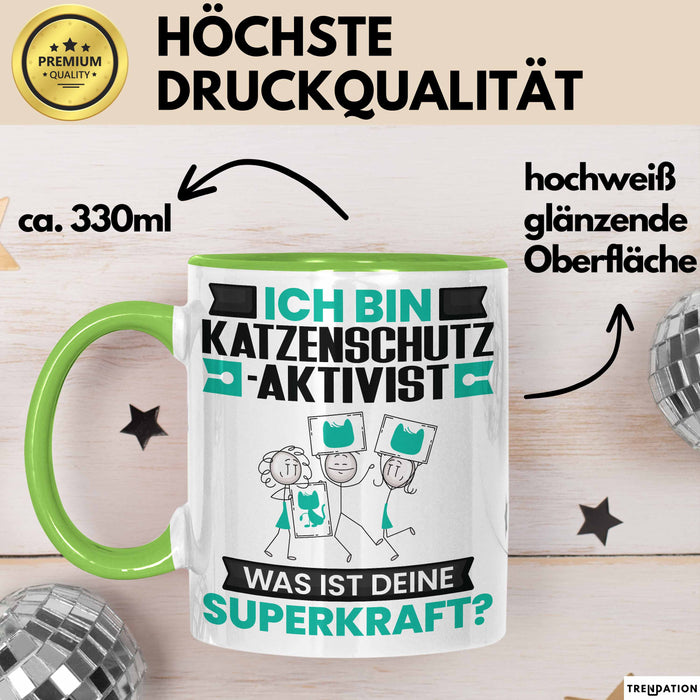 Katzenschutzaktivist Tasse Geschenk für Katzenschutzaktivist Geburtstag Lustiger Spruch Kaffee-Becher Was Ist Deine Superkraft Grün Trendation