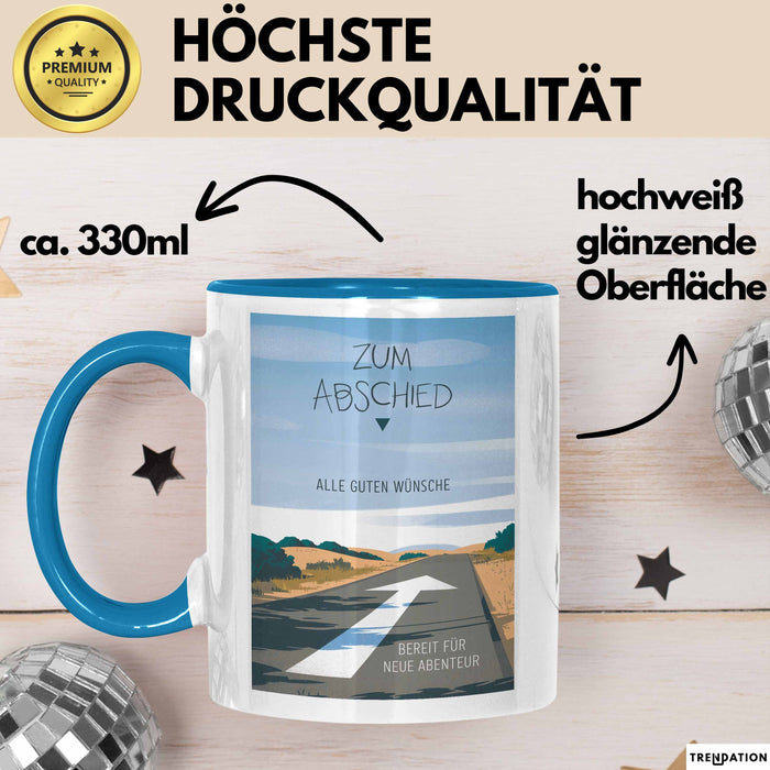 Büroarbeit Kollege Abschied Tasse Geschenk Lustige Geschenkidee Spruch Zum Abschied Alle Guten Wünsche Bereit Für Neue Abenteuer Blau Trendation