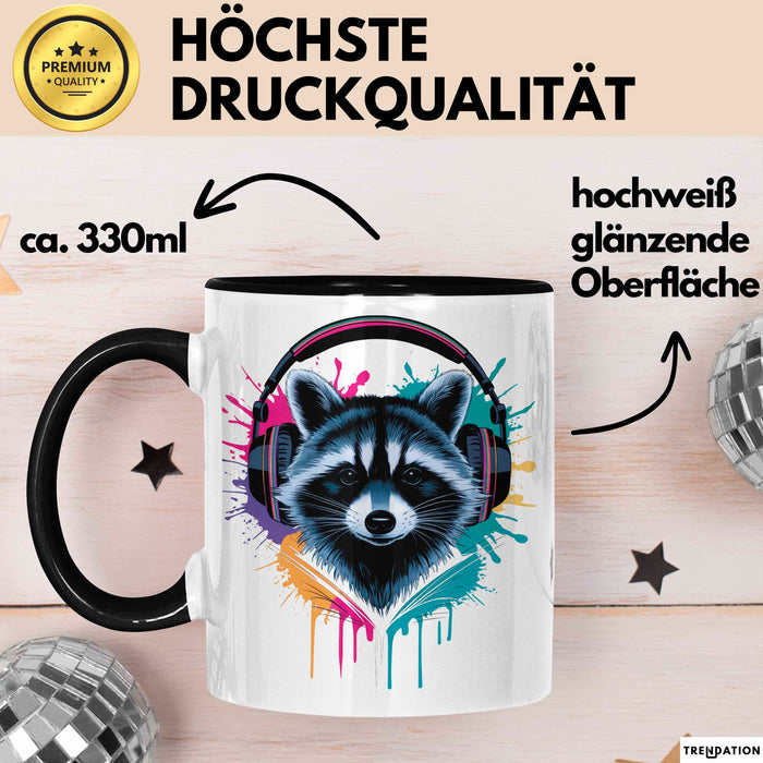Waschbär Tierliebhaber Musik Kopfhörer Tasse Geschenk Lustige Geschenkidee Spruch Schwarz Trendation