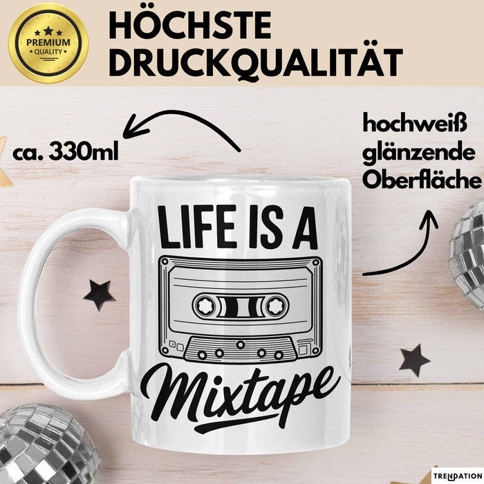 Retro Kassette Mixtape Tasse Geschenk Lustige Geschenkidee Spruch Das Leben Ist Ein Mixtape Weiß Trendation