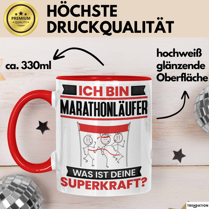 Marathonläufer Tasse Geschenk für Marathonläufer Geburtstag Lustiger Spruch Kaffee-Becher Was Ist Deine Superkraft Rot Trendation