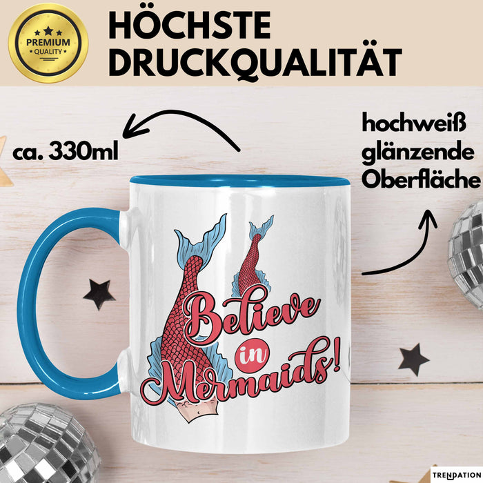 Meerjungfrau Geschenk Tasse für Mädchen Nymphe Nixe Becher Grafik Believe In Mermaids Blau Trendation