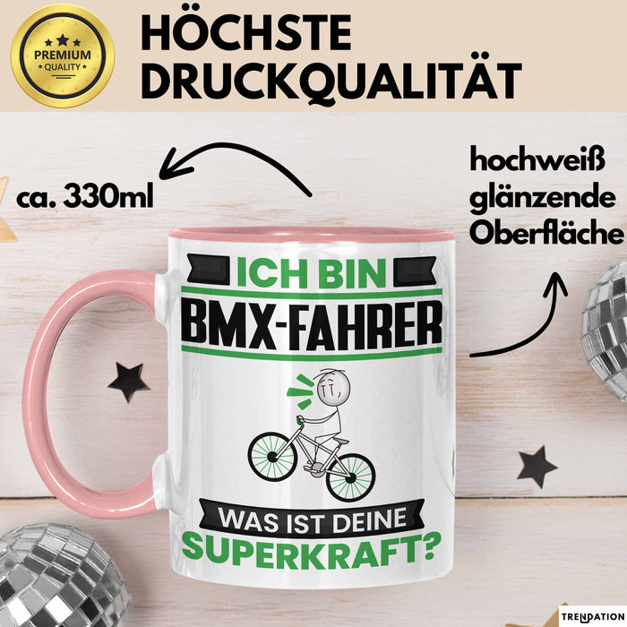 BMX-Fahrer Tasse Geschenk für BMX-Fahrer Geburtstag Lustiger Spruch Kaffee-Becher Was Ist Deine Superkraft Rosa Trendation