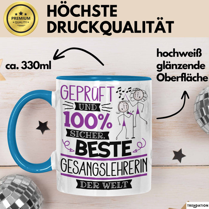 Beste Gesangslehrerin Der Welt Tasse Geschenk für Eine Gesangslehrerin Geprüft Und Sicher Geschenkidee Geburtstag Weihnachten Blau Trendation