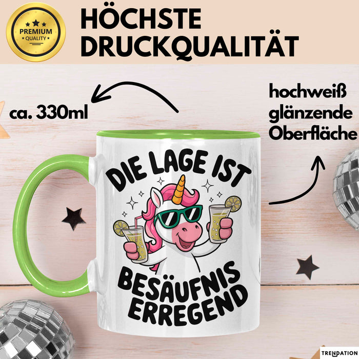 Einhorn Trinken Liebhaber Sarkasmus Tasse Becher Geschenk Lustige Geschenkidee Spruch Die Lage Ist Besäufniserregend Grün Trendation