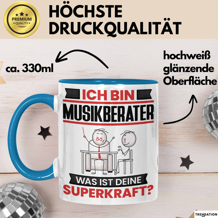 Musikberater Tasse Geschenk für Musikberater Geburtstag Lustiger Spruch Kaffee-Becher Was Ist Deine Superkraft Blau Trendation