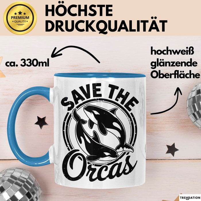 Wal Tier Tasse Geschenk Lustige Geschenkidee Spruch Rettet die Orcas Blau Trendation