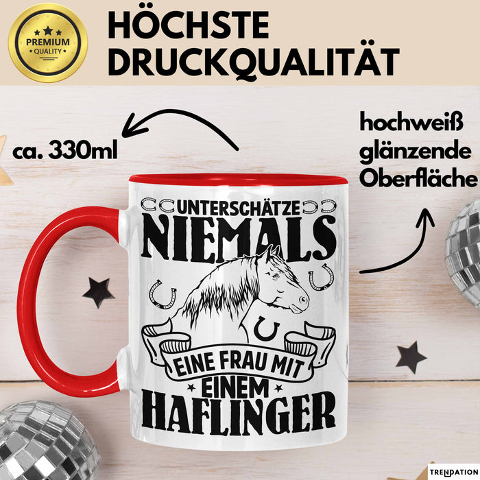 Haflinger Tasse Geschenk Haflinger-Besitzerin Pferde Kaffeetasse Geschenkidee Spruch Reiterin Reiten Pferde Kaffee-Becher Rot Trendation