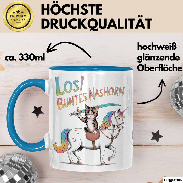 Sarkastische Katze Pferd Tasse Geschenk Buntes Nashorn Blau Trendation