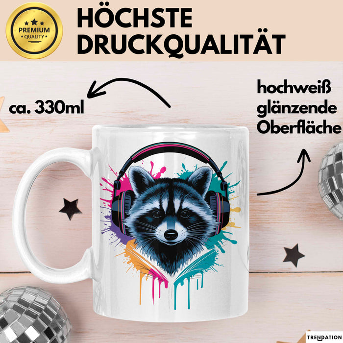 Waschbär Tierliebhaber Musik Kopfhörer Tasse Geschenk Lustige Geschenkidee Spruch Weiß Trendation