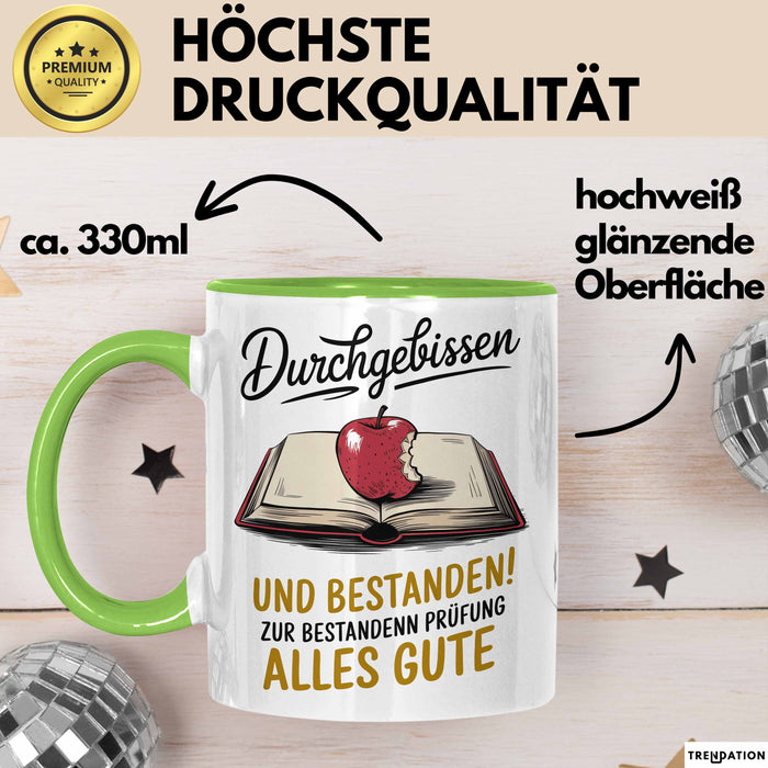 Schüler Abschluss Tasse Geschenk Lustige Geschenkidee Spruch Durchgebissen Und Bestanden Grün Trendation